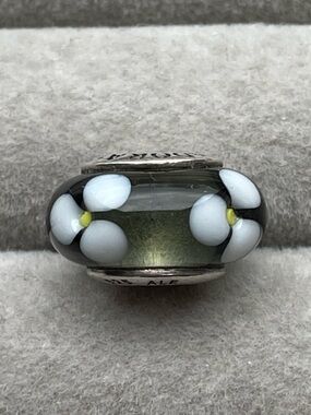 Pandora Dark Green Glass Floral Bead Charm with White Flower Accents